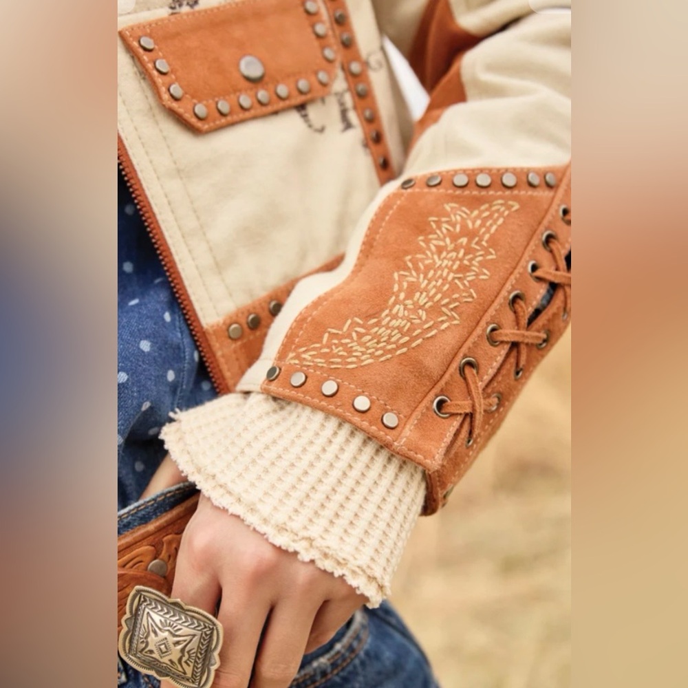 Double D Ranchwear Rollin Rawhide motorcycle Leather Jacket studs lacing cowboy - Picture 4 of 13